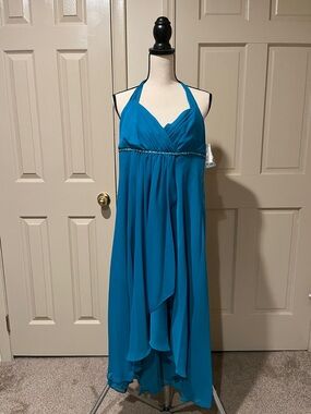 Teal Halter Empire Waist Evening Dress.